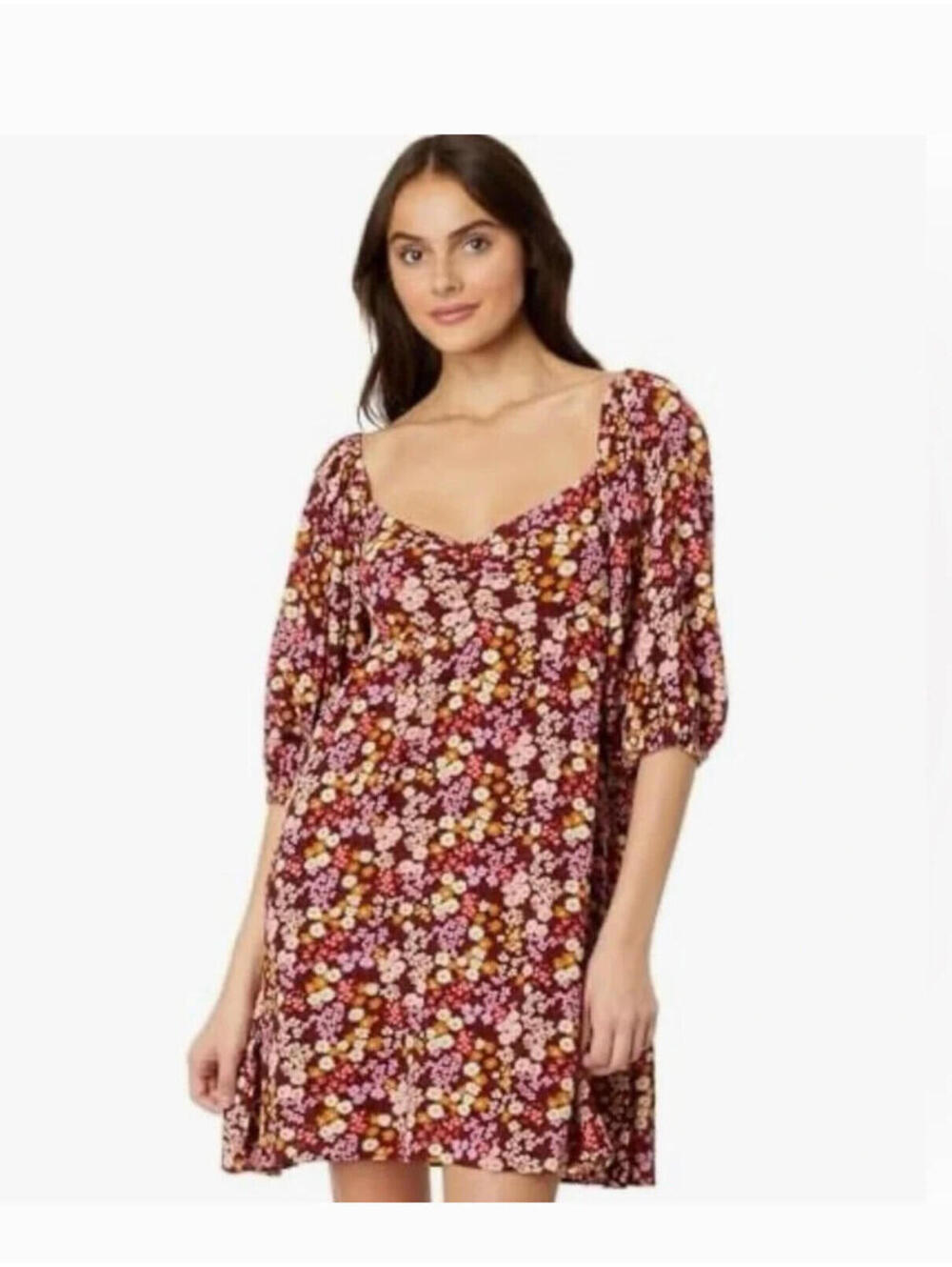 Billabong sz L balloon sleeve boho floral surfer mini dress ruching new no tagsA